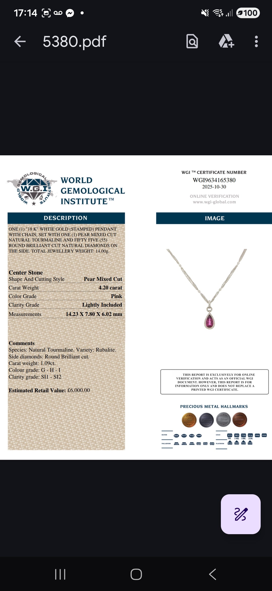 18ct Gold, 4.2ct Rubellite Tourmaline & 1.09ct Diamond Necklace, With WGI Certification.