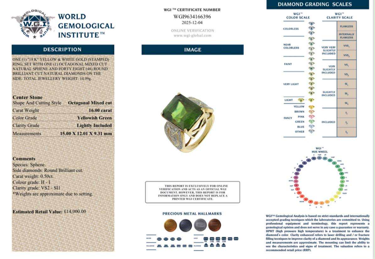 18ct Yellow Gold, 16ct Sphene Ring. WGI Certification & Valuation Included.