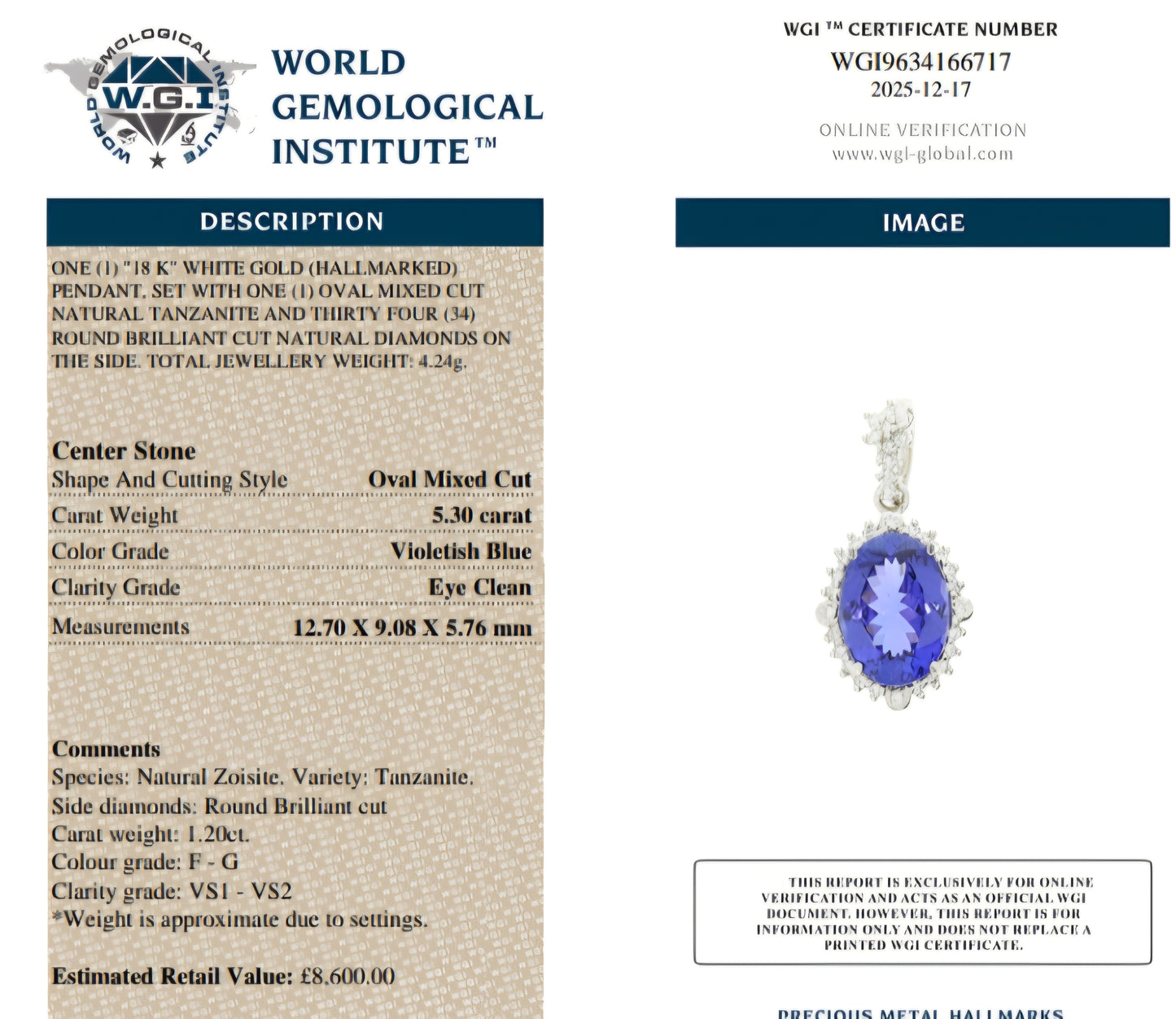 18ct White Gold, 5.3ct, Eye Clean Tanzanite Pendant With 1.2cts VS1-2 Diamonds. WGI certified.