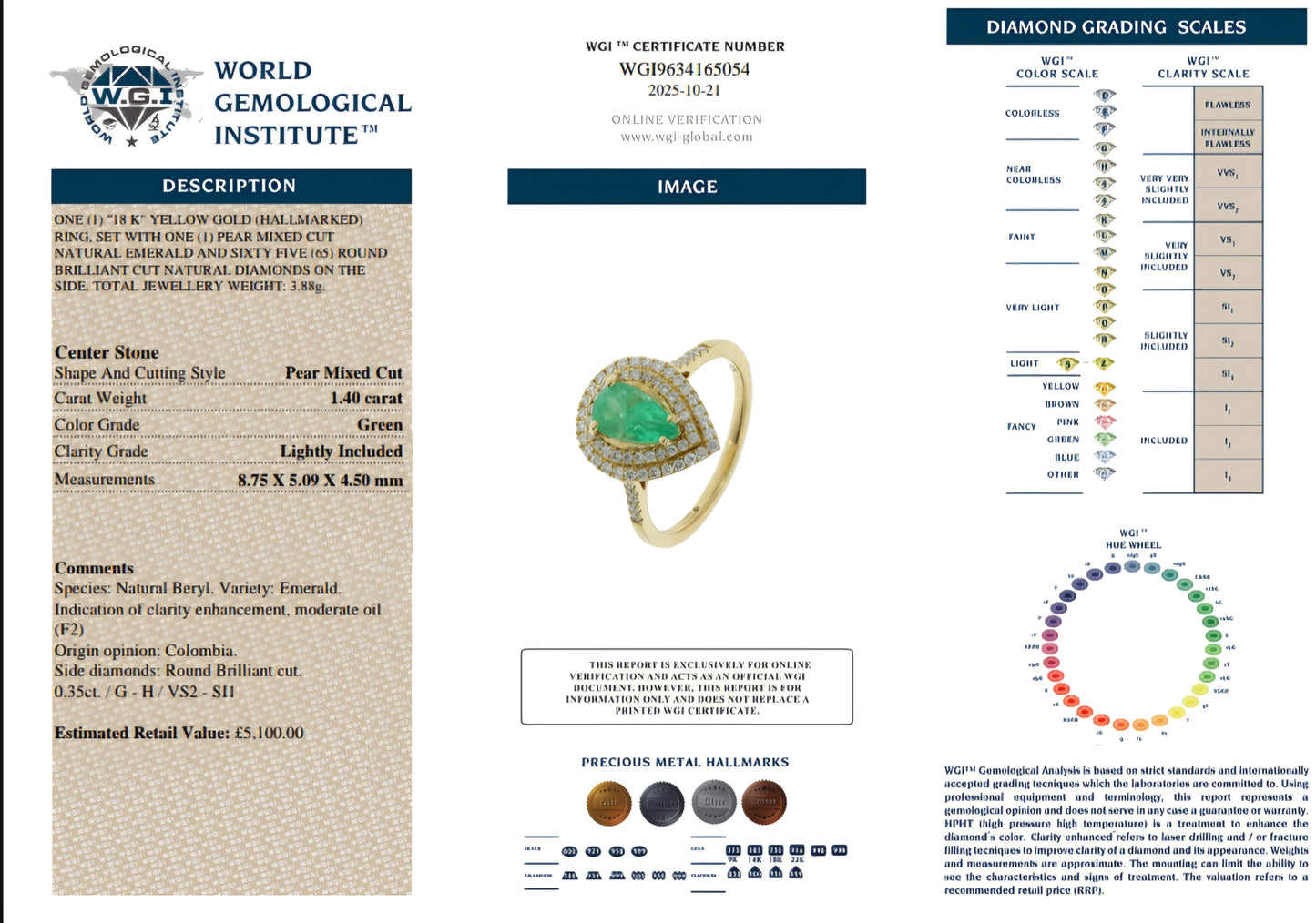 18ct Gold, Columbian Emerald Ring With WGI Certification