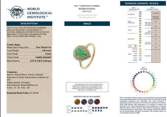 18ct Gold, Columbian Emerald Ring With WGI Certification