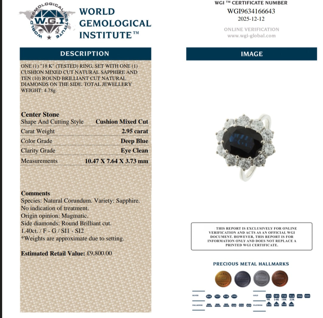 18ct White Gold, 2.95ct Magmatic Sapphire & 1.4ct SI1-SI2 Diamond Ring. Size L.