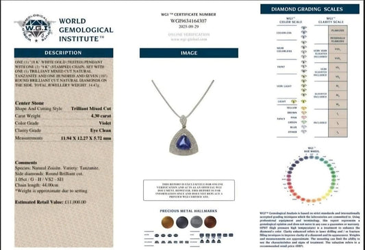 18ct White Gold, 4.3ct Trilliant Tanzanite & 1.05ct VS2-SI1 Diamond Necklace With WGI Report + 6.5ct Tanzanite & 1ct Diamond Ring