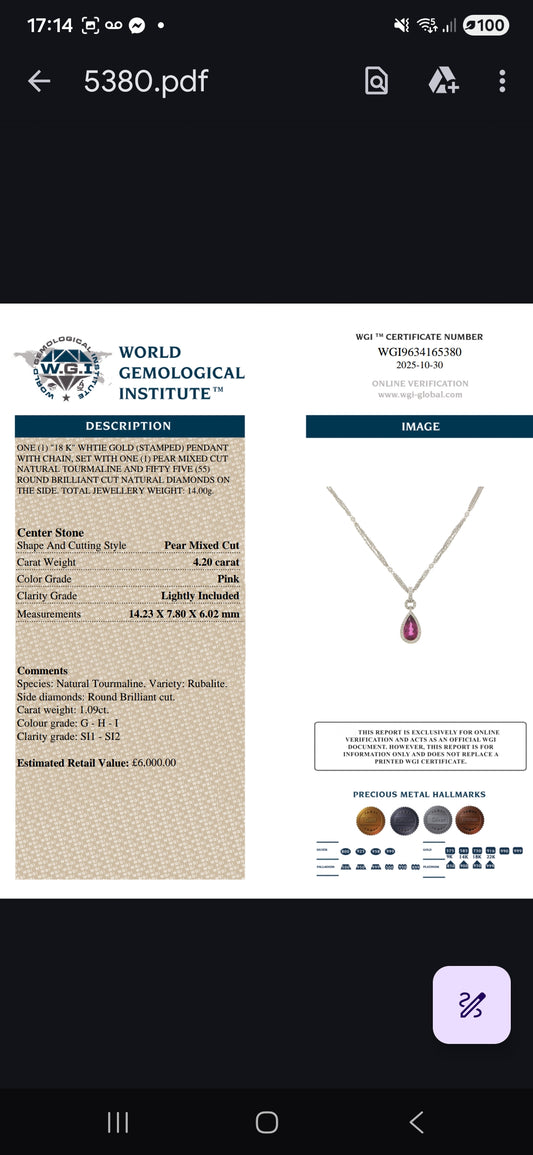 18ct Gold, 4.2ct Rubellite Tourmaline & 1.09ct Diamond Necklace, With WGI Certification.