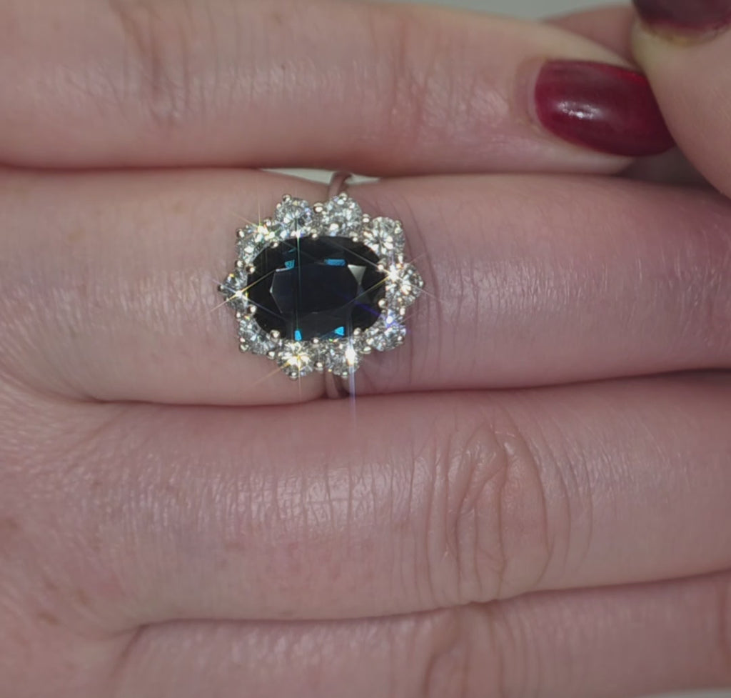 18ct White Gold, 2.95ct Magmatic Sapphire & 1.4ct SI1-SI2 Diamond Ring. Size L.