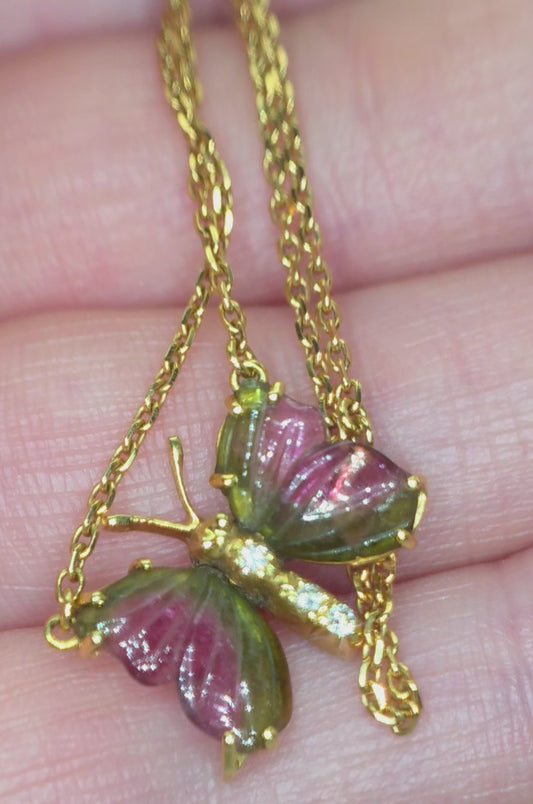 18ct Gold Watermelon Tourmaline & Diamond Butterfly Necklace.