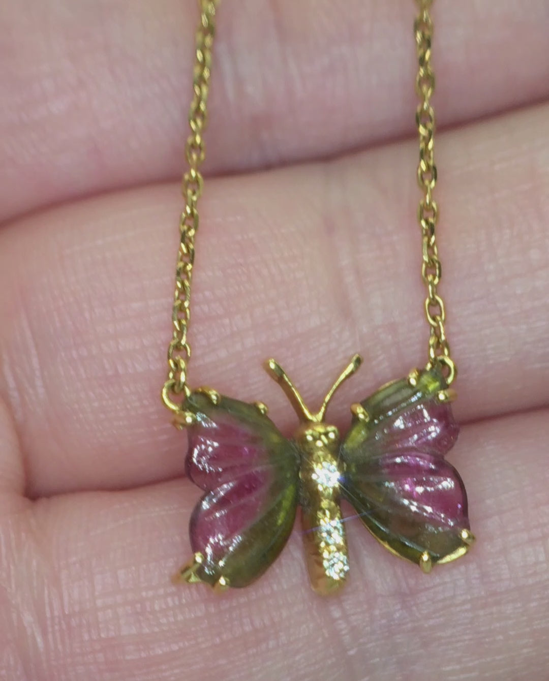 18ct Gold Watermelon Tourmaline & Diamond Butterfly Necklace.