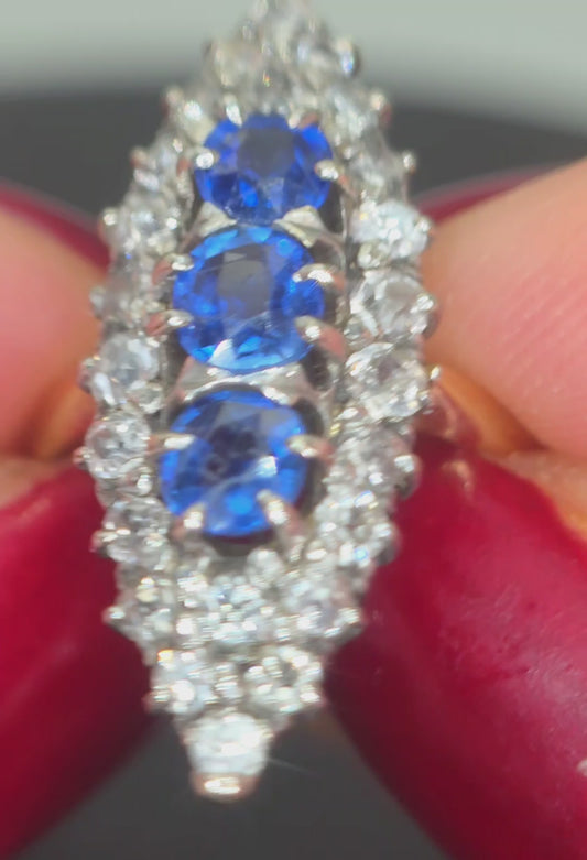 Late Victorian / Edwardian Navette Ring, With 1.25cts Untreated Sapphires & 0.95ct Old European Cut Diamonds. Size L. Easily Sized. WGI Certified.