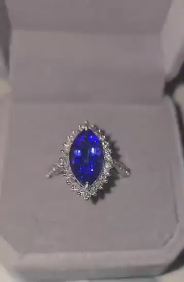 14ct Gold, 2.71ct, Tanzanite & Diamond Marquise Ring With Gemmological Report. Size N.