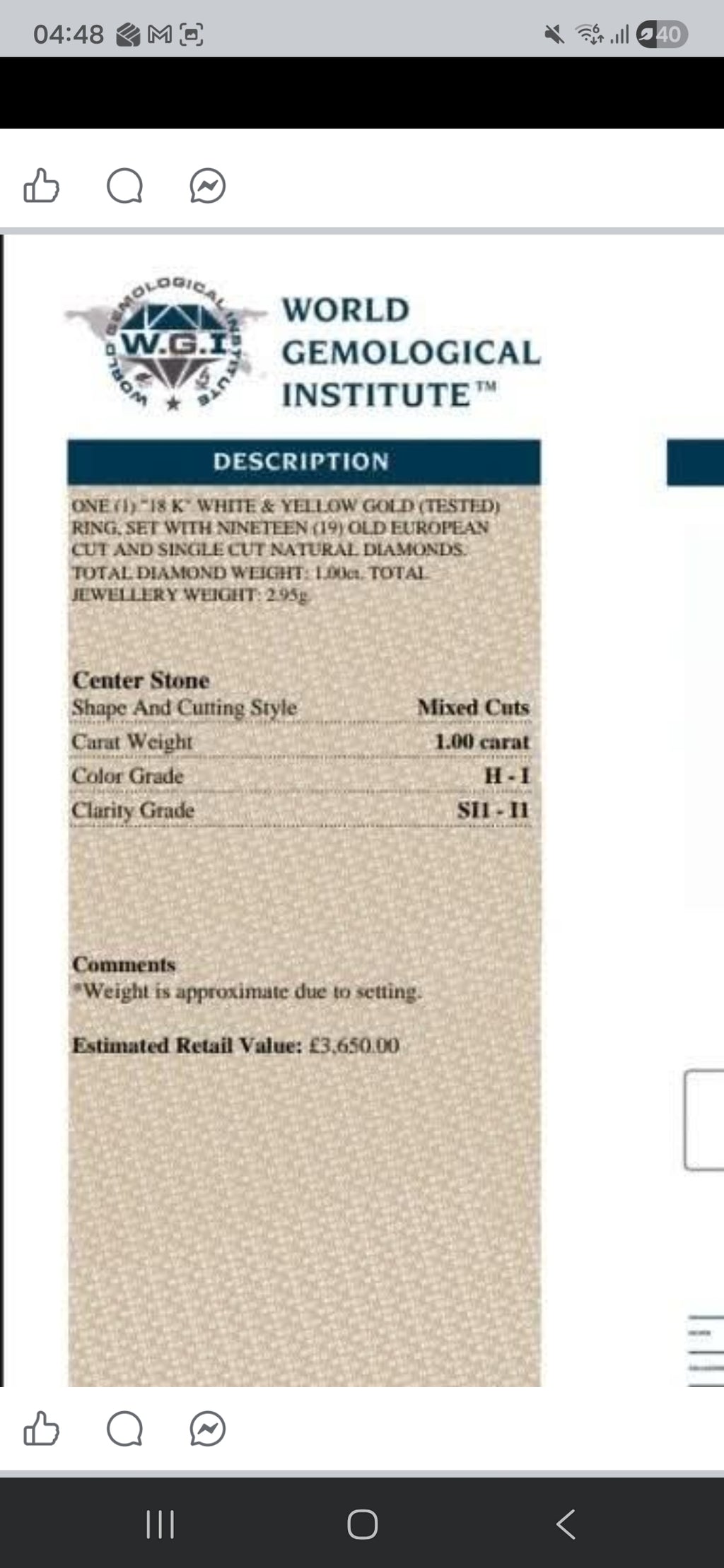 18ct Gold, 1ct, Old European Cut Diamond Ring. With WGI Report.