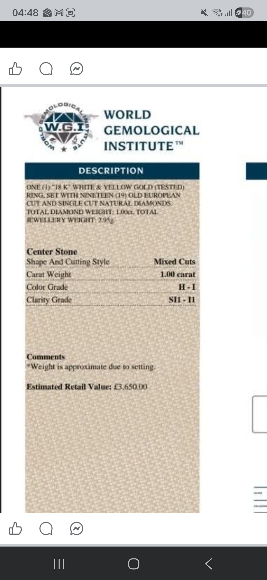 18ct Gold, 1ct, Old European Cut Diamond Ring. With WGI Report.