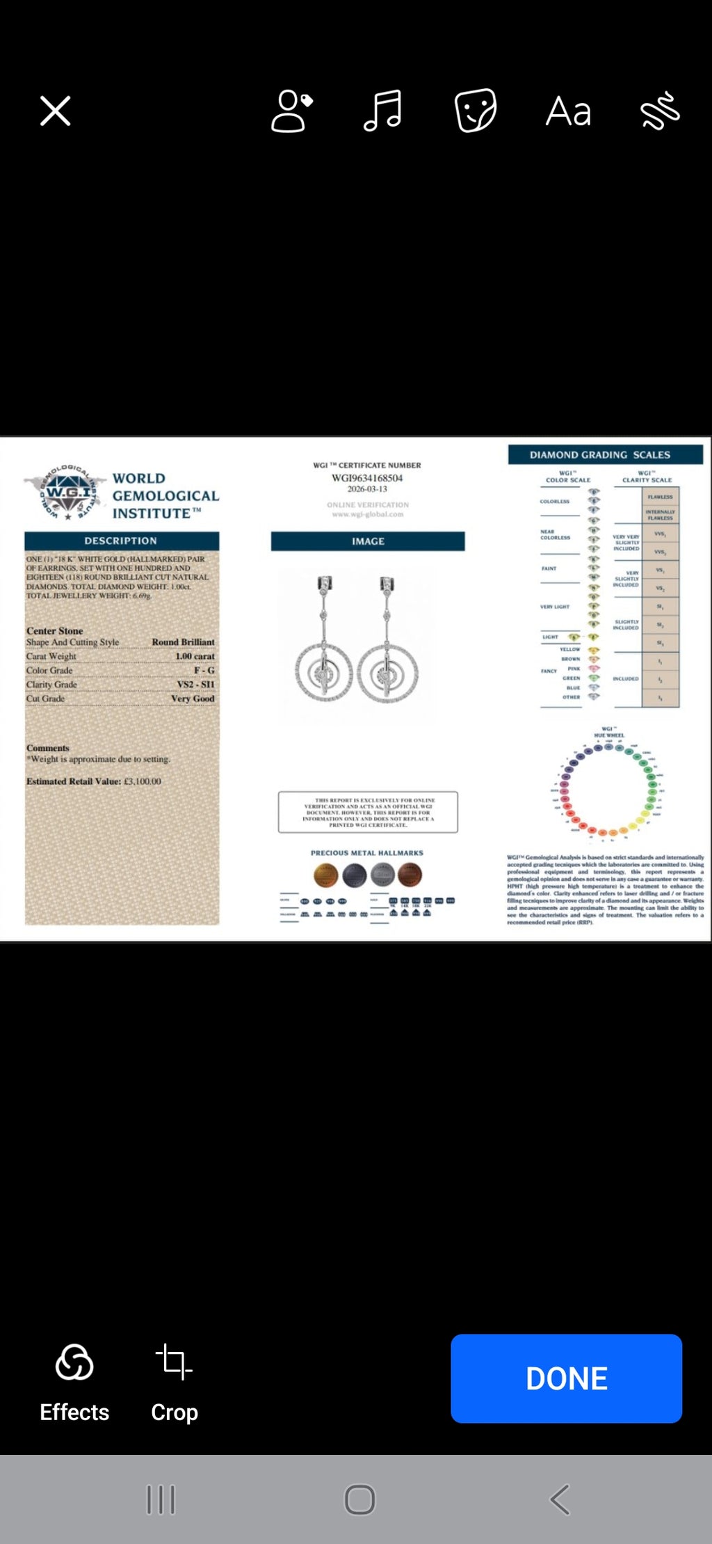 18ct, White Gold, 1ct Drop Hoop Earrrings. VS2-SI1. With WGI Report