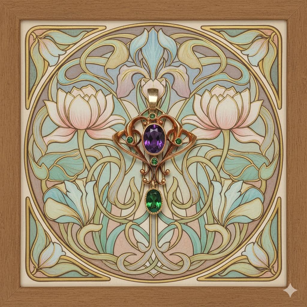 Art Nouveau, 15ct Gold, Amethyst & Demantoid Garnet Pendant.