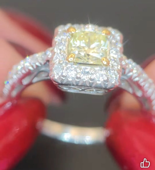 14ct Yellow & White Gold Fancy Yelliw Diamond Ring. Size M 1/2. With WGI Report.