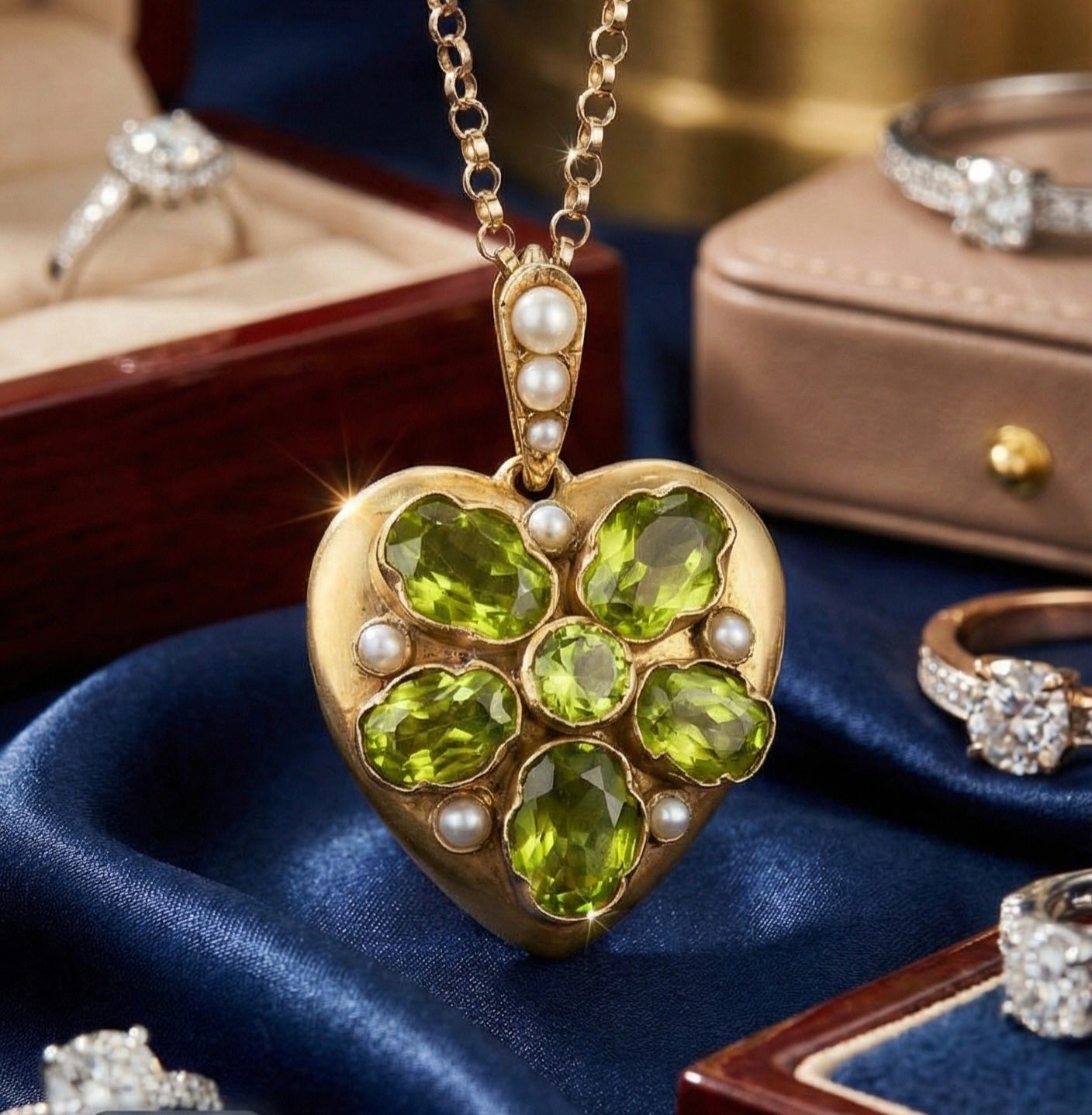 15ct Gold (9ct chain), Late Victorian, Peridot & Seed Pearl Sweetheart Necklace.