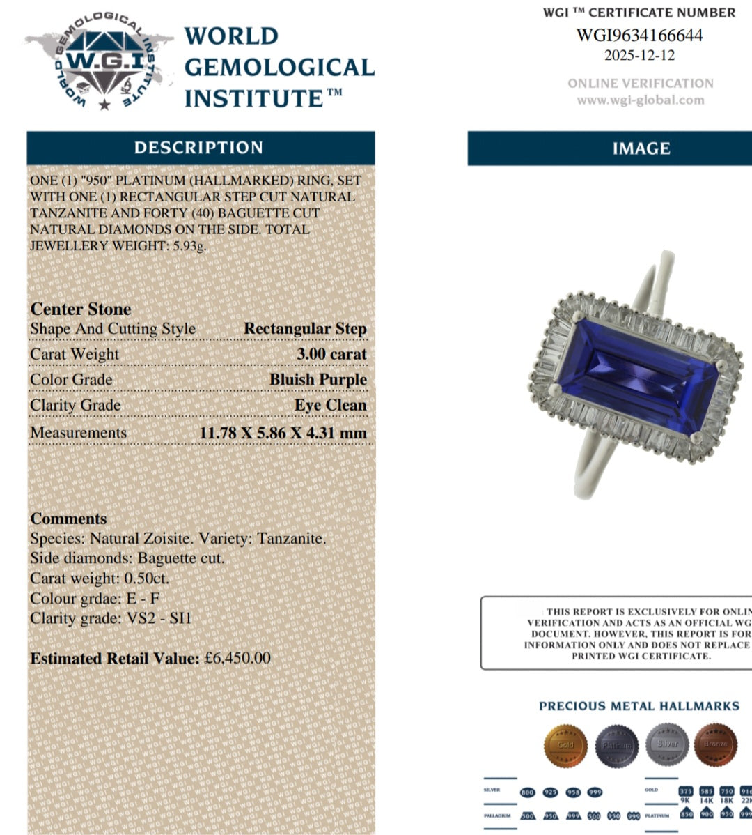 Platinum, 3ct AAAA Eye Clean Tanzanite & 0.5ct VS2-SI1 Diamond Ring. Size P. Easily Sized. WGI Certified.