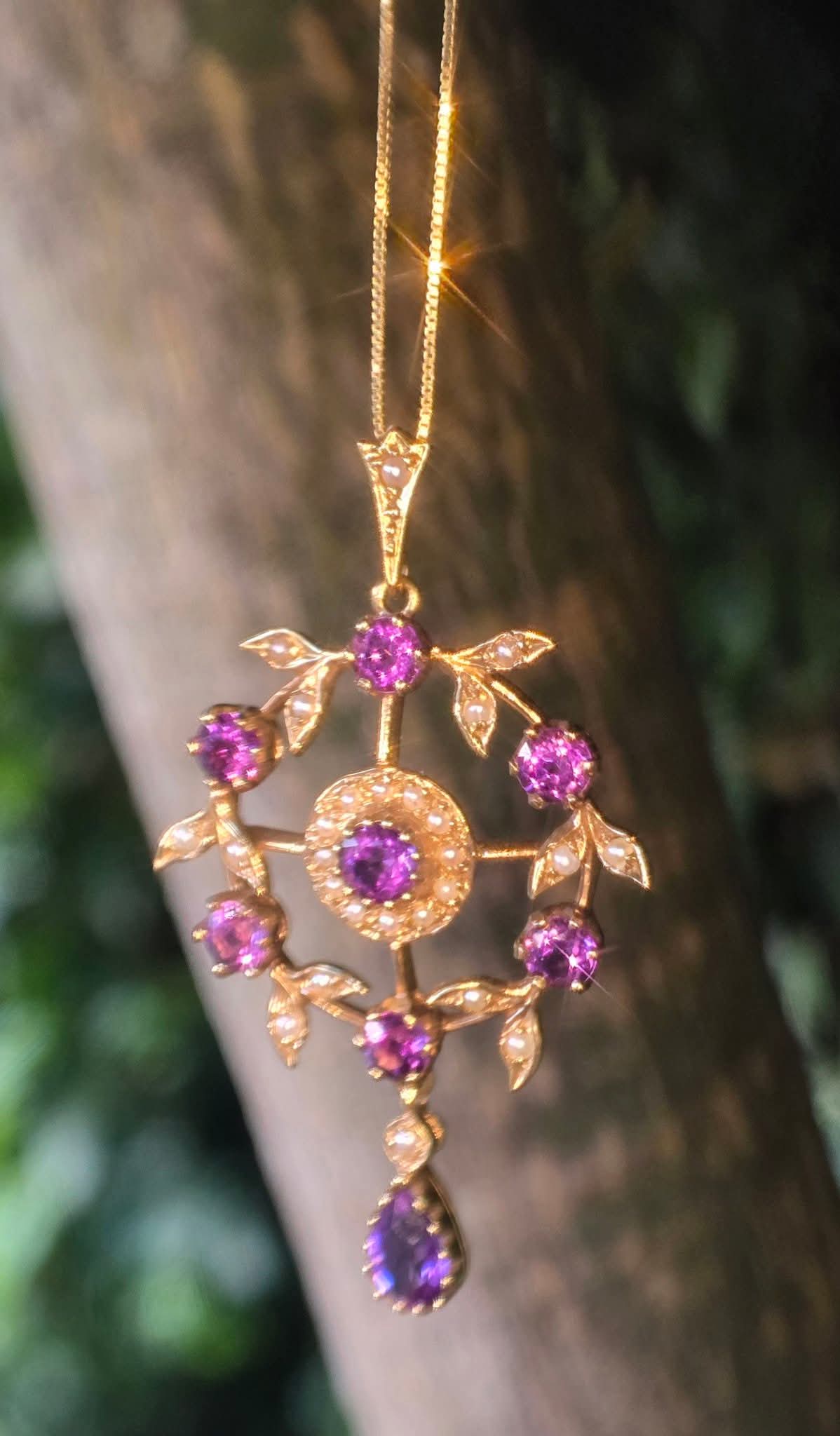 Edwardian 9ct Gold, Amethyst & Seed Pearl Lavaliere Pendant