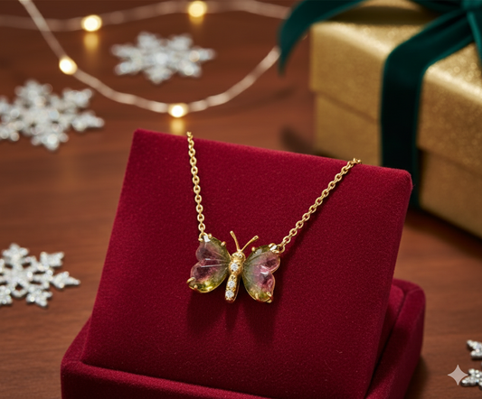 18ct Gold Watermelon Tourmaline & Diamond Butterfly Necklace.
