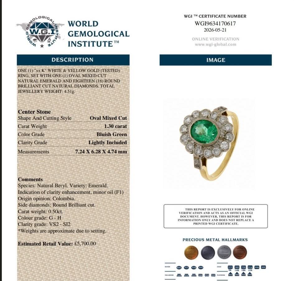 A stunning 1.3ct F1 Columbian emerald & 0.5ct Diamond Flower Ring. Size N. Includes WGI Appraisal & Valuation.
