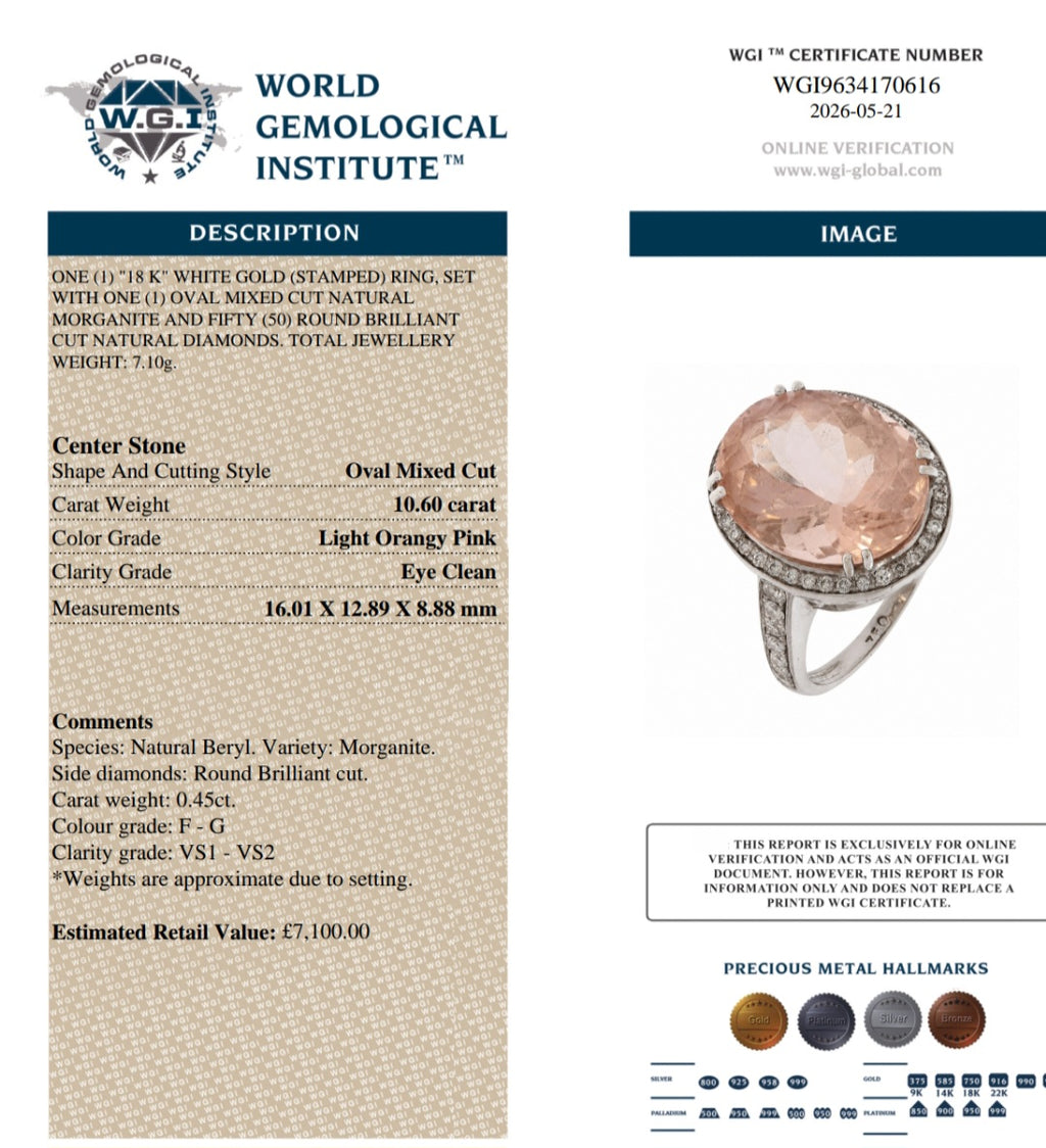 18ct White Gold 10.6ct Morganite Ring With WGI Certification. Size N.