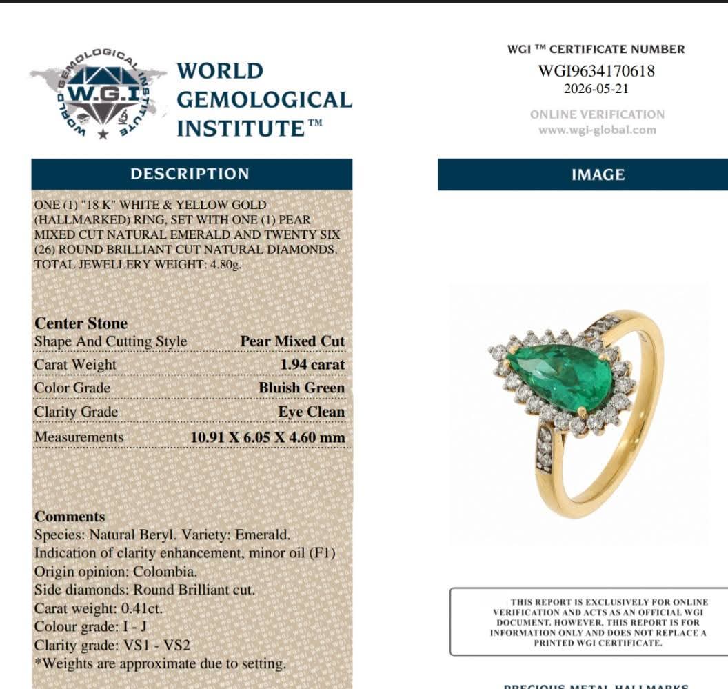 18ct Gold 1.94ct Boyaca Columbian Emerald & 0.41ct VS Diamond Ring With WGI Certification.  Size N.