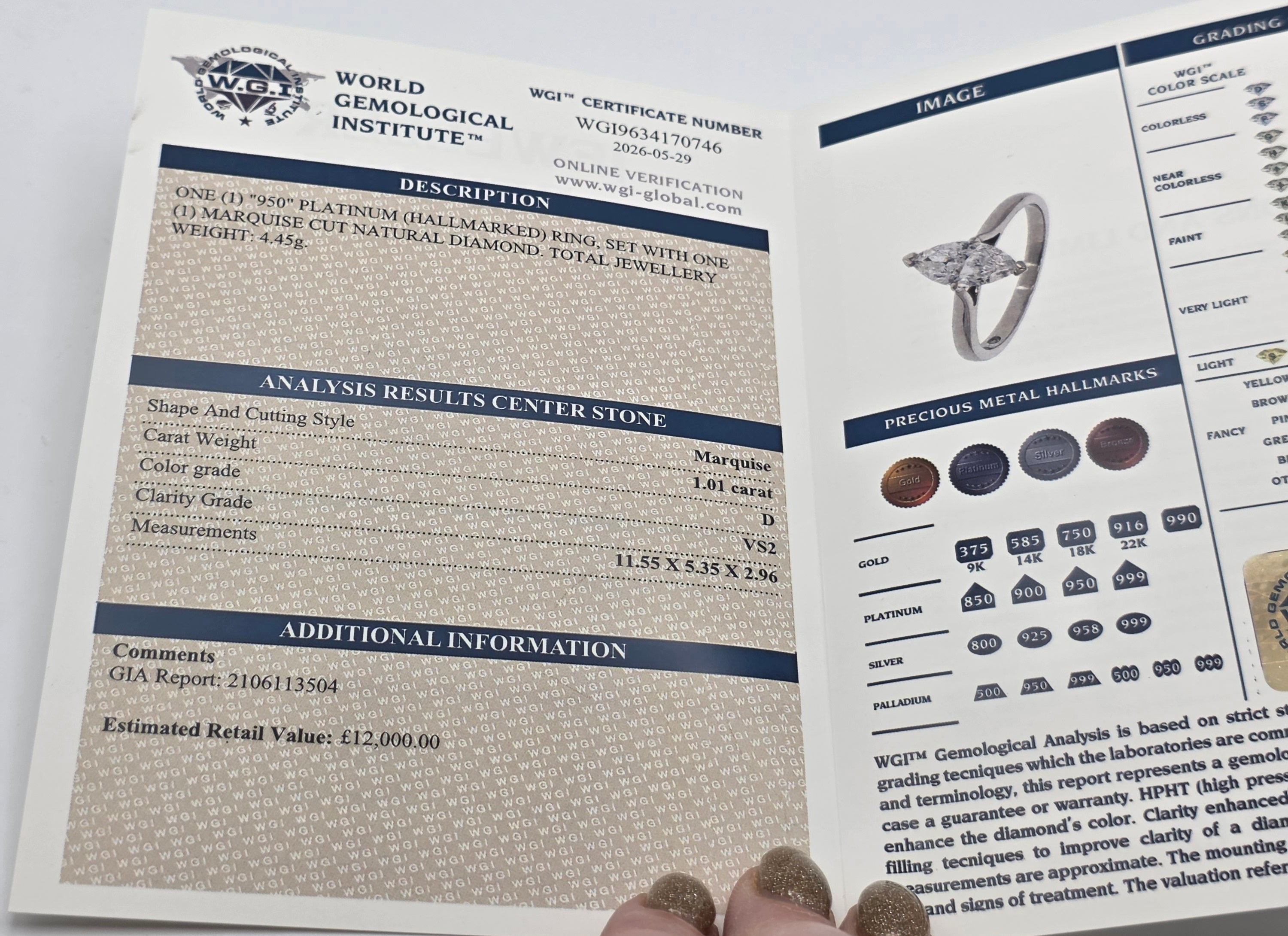 1.01ct D/VS2 Marquise Diamond Engagement Ring in 950 Platinum. WGI & GIA Certified. RRP £12,000. Size O.
