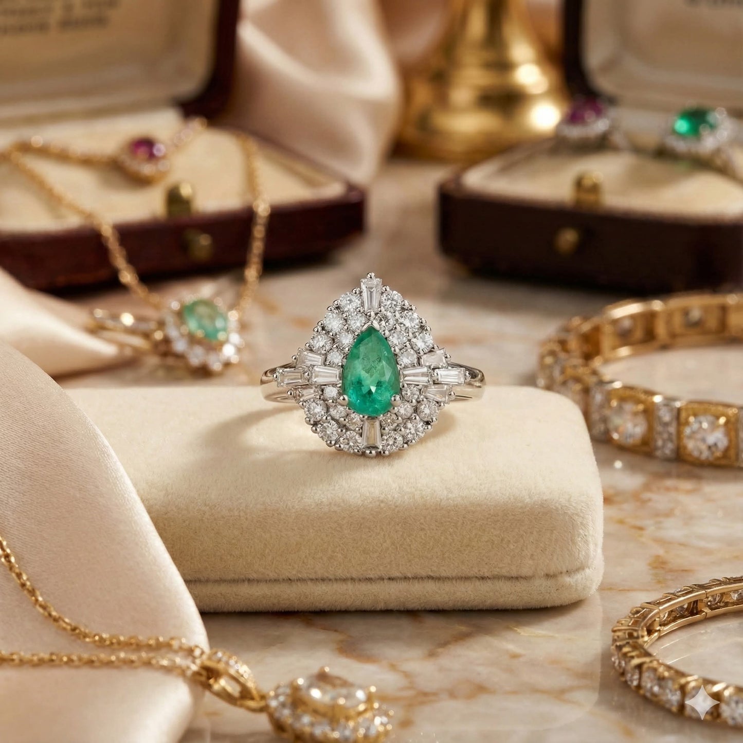 Platinum Emerald & Diamond Ring. Size M.