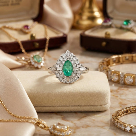 Platinum Emerald & Diamond Ring. Size M.