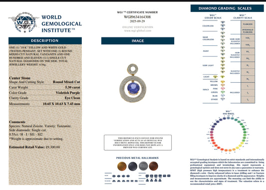 18ct Gold Tanzanite & Diamond Pendant, With WGI Certification.